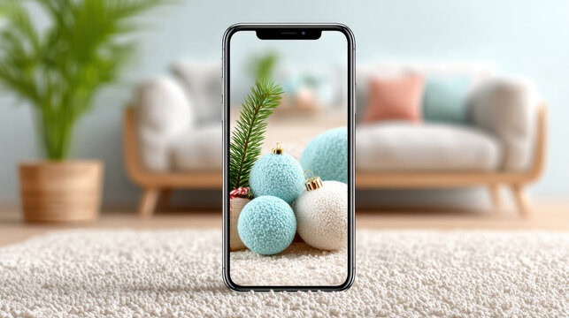 Hand holding smartphone showing virtual christmas ornaments with snowflakes and pine branch overlay.Hand holding smartphone displaying augmented reality christmas decorations. - Powered by Adobe