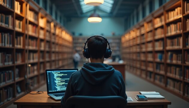Teenager with headphones works on laptop in library. Person studies books and uses computer for online class. Modern education with tech and knowledge in quiet study space.