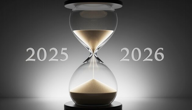 Hourglass showing 2025 and 2026, time passing concept