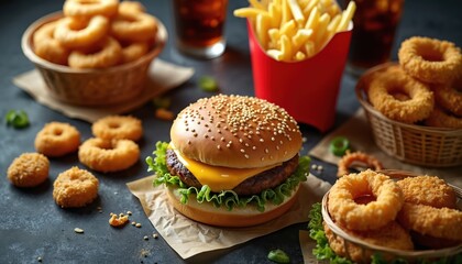 Juicy burger with cheese lettuce and sesame seed bun sits with french fries onion rings and. Unhealthy meal ready for delivery and quick lunch or dinner.
