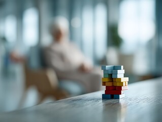 Stacked wooden pieces on a table with an elderly figure unfocused behind them, symbolizing cognitive decline, memory fragmentation, and dementia-related regression
