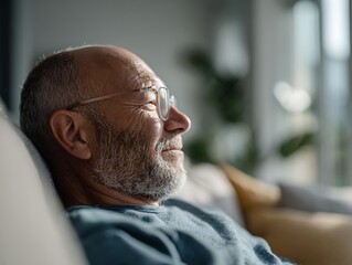 Elderly man resting on a sofa in soft light, symbolizing cognitive slowing, reflective states, and early dementia awareness in a calm documentary style