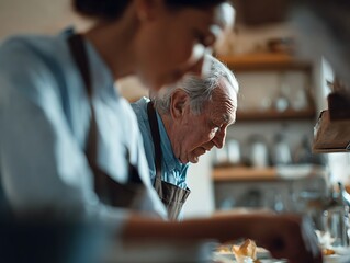 Elderly man cooking beside a caregiver, symbolizing dementia support, guided independence, and the challenges of daily routines in home care
