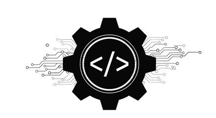 Web development icon featuring code brackets inside a gear, with circuit board lines extending from the sides, symbolizing tech.