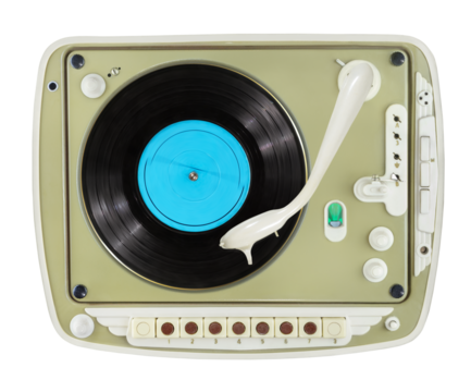 Old vinyl record spinning and plays on old turntable player