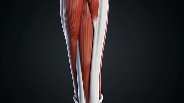Anatomical illustration of the human knee joint with muscles and tendons displayed