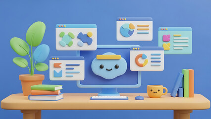 Flat vector illustration set of computer technology icons: desktop, laptop, book, mobile phone, and business infographic design symbols