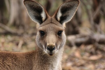 Fototapeta premium Kangaroo stands in a natural setting among trees and foliage in Australia, showcasing its distinct features and playful demeanor during daylight hours
