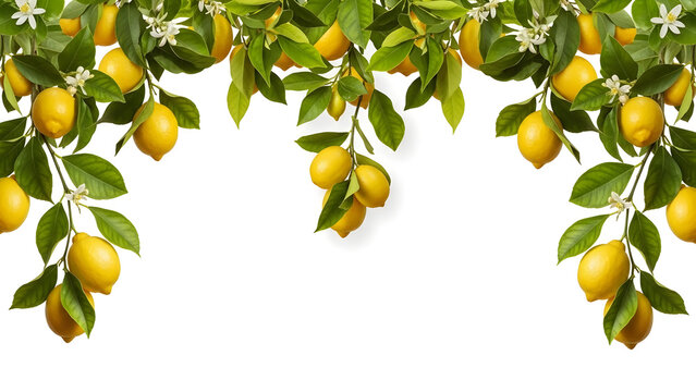 Arch of lemon tree branches with ripe yellow fruit, green leaves, and blossoms isolated on a white background.