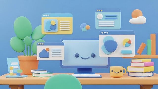 Flat design vector illustration icon set of office desk interior with laptop, books, and computer technology symbols for web business infographic