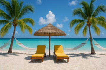 Obraz premium Tropical beach with palm trees, yellow lounge chairs, hammocks, and straw umbrella under blue sky and turquoise sea, perfect summer vacation concept. Ai generative