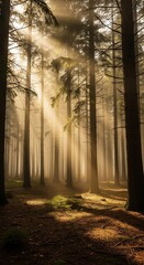 Obraz premium Sunlight filtering through a dense forest creating a mystical and serene atmosphere.