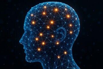 Human head silhouette made of glowing neural network connections on dark background, symbolizing artificial intelligence and digital brain concept. Ai generative
