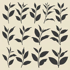 A set of tea leaves silhouettes on a beige background, depicting various angles and arrangements, perfect for illustrating tea cultivation, herbal remedies, or natural beauty themes.