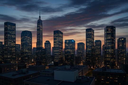 Futuristic city skyline with illuminated skyscrapers at dusk under dramatic evening sky background, urban landscape concept, modern architecture style. Ai generative