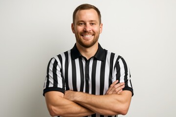 Smiling referee wearing black and white striped uniform with arms crossed in front of plain white background, representing sports authority concept. Ai generative