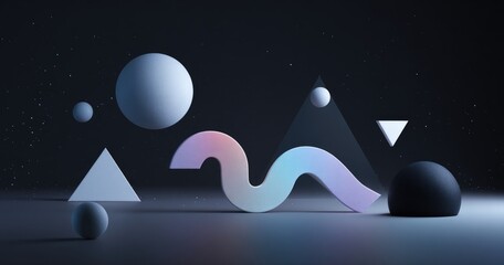 Floating geometric shapes, cool gradients, moody backdrop
