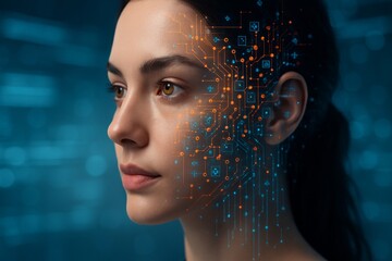 Futuristic digital interface overlay on young woman's face showing AI integration concept on abstract blue background in modern creative style. Ai generative