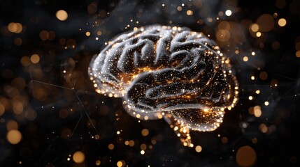Abstract Digital Brain Illustration with Glowing Particles and Blurred Bokeh Effect Against Dark Background