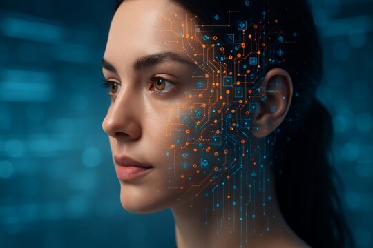 Futuristic digital interface overlay on young woman's face showing AI integration concept on abstract blue background in modern creative style. Ai generative