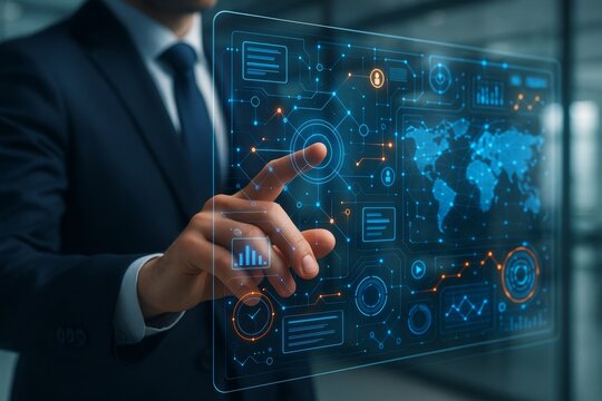 Businessman interacts with futuristic digital interface featuring data visualizations and global network concept in modern office background environment. Ai generative