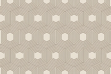 Seamless geometric hexagonal pattern with intricate lines in neutral beige and taupe tones