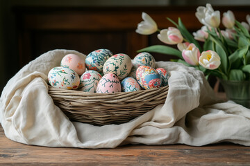 A basket of beautifully hand-painted Easter eggs rests on soft fabric, surrounded by pastel tulips, creating a charming and delicate springtime scene.