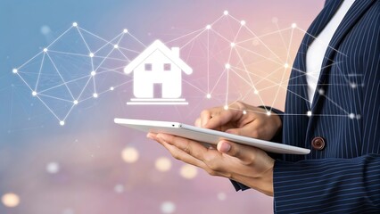 Digital real estate technology concept with a person using a tablet