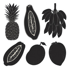 A clean, high-contrast, silhouette-style illustration of a collection of tropical fruits, presented against a stark white background. The composition features six distinct fruits arranged in two rows.
