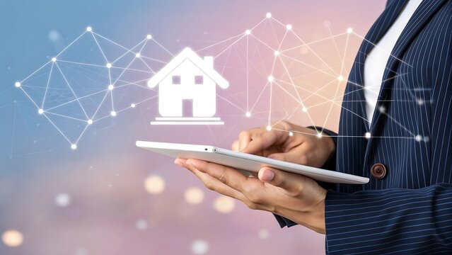 Digital real estate technology concept with a person using a tablet