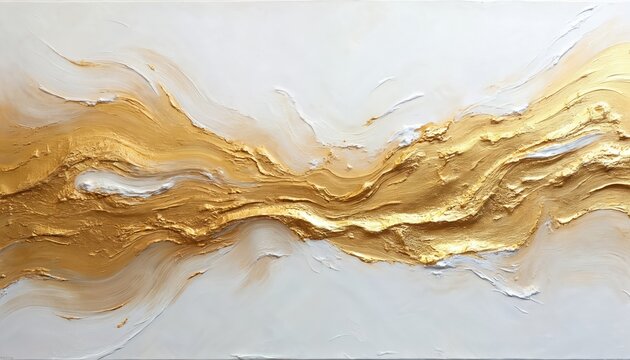 Textured abstract oil painting with flowing gold and white colors on canvas. Thick acrylic paint strokes create dynamic lines and shapes. Modern art piece suitable for luxury decor.