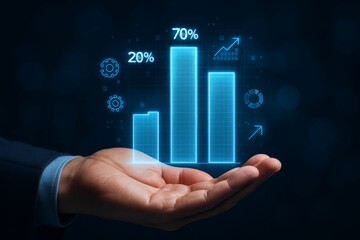 Businessman hand holding glowing digital bar chart with percentage stats and icons on dark background, futuristic data analysis concept. Ai generative