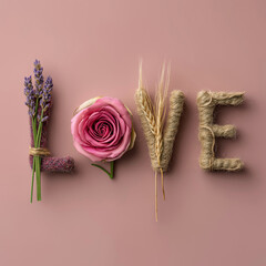 The word LOVE is creatively formed using lavender, a pink rose, wheat stems, and rustic twine letters on a soft pink background, blending nature with romance.