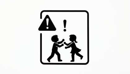 Black illustration warning about children conflict. The image shows silhouette of kids fighting inside a square with an exclamation mark. Danger symbol in the corner.