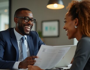 Happy hr manager laughing interviews new african american applicant using resume and laptop smiling businessman in negotiation with attractive diverse woman job seeker in office at hire meeting Hiri