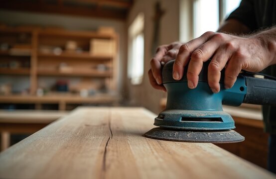Craftsman uses orbital sander to smooth wood plank. Dust flies as skilled hands shape timber on workbench in workshop. Detail focused carpenter prepares material for furniture project.