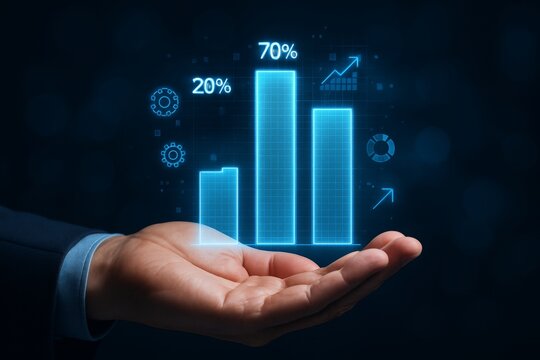 Businessman hand holding glowing digital bar chart with percentage stats and icons on dark background, futuristic data analysis concept. Ai generative