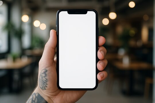 Close-up of tattooed hand holding smartphone with blank white screen in modern cafe environment for app mockup or design concept background presentation. Ai generative