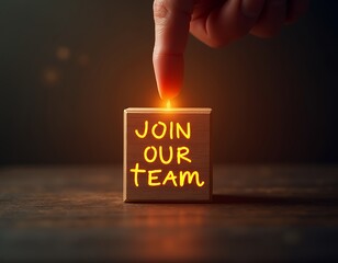 Job recruiting advertisement represented by 'join our team' texts on the block and hand point down to wood block Hiring (applying for job interviewing) employee business recruitment interview