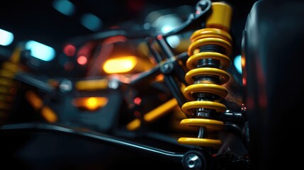 Naklejka premium Detailed close-up of a racing car's suspension system. Yellow coil spring, black elements