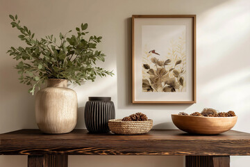 A warm minimalist decor scene featuring natural vases, greenery, woven baskets, and a botanical wall art piece arranged on a rustic wooden console in soft sunlight.