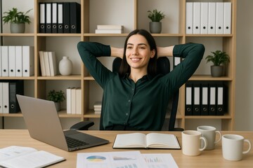 Confident businesswoman relaxing at desk with hands behind head in modern office setting, showing calm and success concept on organized background. Ai generative