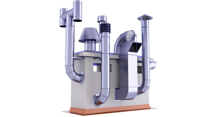 Steel Ventilation ducts and chimney pipes on the roof. Exhaust Duct systems. 3D rendering isolated on white background. Ideal for professionals, educational, engineering, and industrial design.