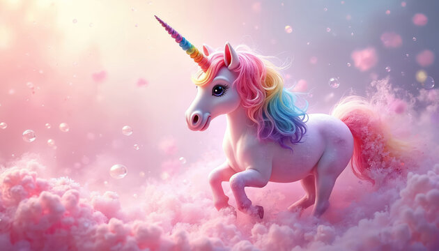 Magical unicorn stands amid fluffy pink clouds. Rainbow mane and horn add vibrant colors. Bubbles float in dreamy atmosphere. Fantasy artwork. Perfect for children content.