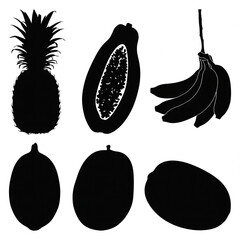 A high-contrast, graphic illustration in silhouette style, featuring a collection of tropical fruits arranged in a loose grid formation against a pure white background. 