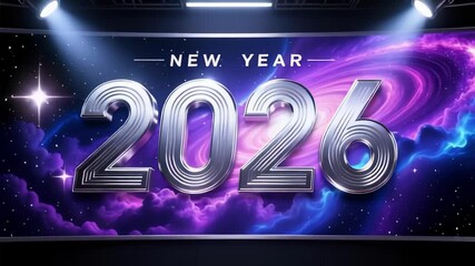 Celebrate New Year 2026 with dynamic, futuristic galaxy background, perfect for festive greetings and innovative holiday promotions with a modern edge