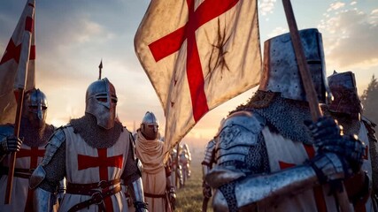 Templar standard‑bearers under golden sky, steel plates catching sparks as the line advances with solemn determination, grand medieval imagery built for trailers, titles and dramatic storyte