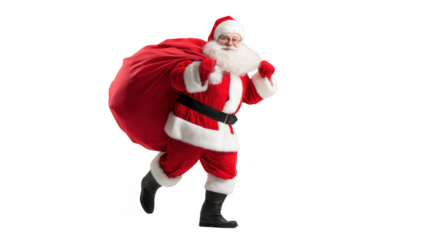 Santa in a red suit running with a gift sack, created AI, PNG