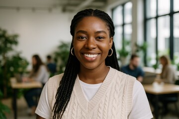 Confident young woman smiling in modern coworking office with plants and natural light in background, embodying success and workplace positivity. Ai generative