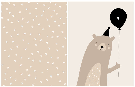 Brown Bear Illustration And Heart Seamless Vector Pattern. Cute bear with party hat and balloon on beige background. Endless print with white hearts. Ideal for kids&rsquo; designs, greeting cards.
